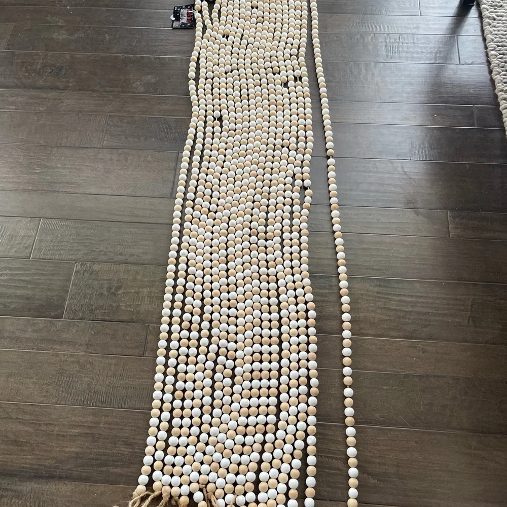 $45 Set of 3 6’ feet foot Wooden Bead Garland, tan white alternating beads